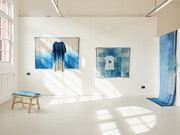 Sustainability Award for my final exhibition, photo by Denisa Ilie, featuring indigo-dyed, upcycled textile collections alongside Jade Guiraud’s guidebook Footprints in the Fells and Louise Keddy’s steel structures 