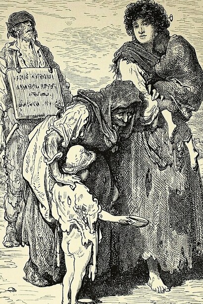 "Mendigos en Madridejos", grabado, Gustave Doré, 1874