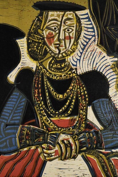 Pablo Picasso, Portrait of a Young Girl, after Cranach the Younger 1958, Colour linocut, Image size: 64.30 x 52.80 cm; paper size: 77.80 x 57 cm (framed: 100 x 75 cm), The Henry and Sula Walton Collection: bequeathed 2012