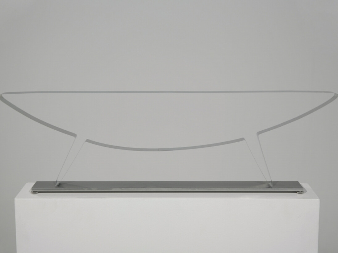 Martin Willing (b. 1958), Brücke I, 1995, Niro spring steel, curved, prestressed, screwed onto iron plate, 9 (H) x 15 3/4 (W) x 3/4 (D) inches. Courtesy of Hollis Taggart Galleries