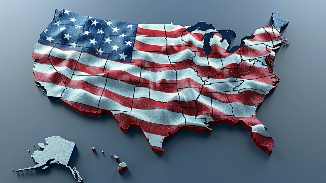 A US map draped in the flag, with detached states, symbolizes the changing and potentially fractured nature of American politics, reflecting the nation's evolving identity and challenges