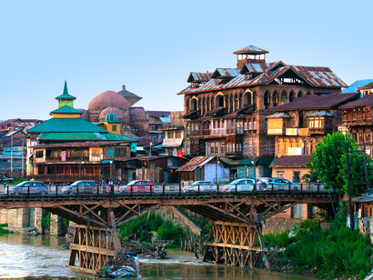Traditional houses along the banks of the Jhelum River in Srinagar, Jammu and Kashmir, India