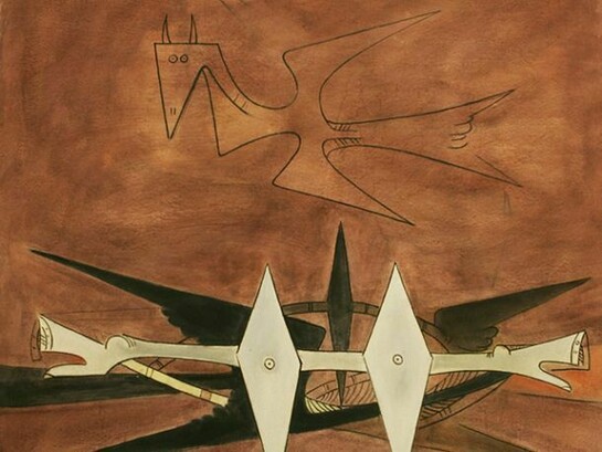 Wifredo Lam ( Cuba 1902-1982), detail of Here on Earth [Tei sur la terre], 1955, Oil on canvas, 41 1/2 x 39 1/4 In. 105.4 x 99.7 Cm. Signed and dated lower right.