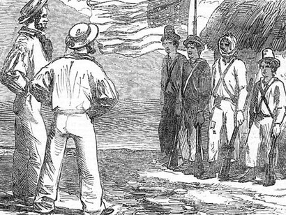 Guarnición estadounidense en Isla Tigre, Honduras. Grabado publicado por Illustrated London News