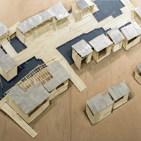 Tadashi Kawamata (1953-), Favela Café no. 3, 2014, Wooden scale model, metal sheet and paint, 210 x 306 x 15 cm, Signed and dated on the back