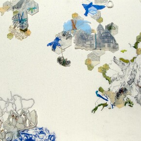 Stephanie Graham, We Used To Live Here (Blue), Collage & Mixed Media on Canvas, 18" x 36"
