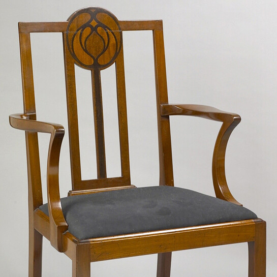 Sir Frank Brangwyn (1867–1956), Armchair, 1903, mahogany inlaid with mahogany and African blackwood. Purchase: The Leigh Schadt and Edwin Schadt Art Museum Trust Fund, 2002