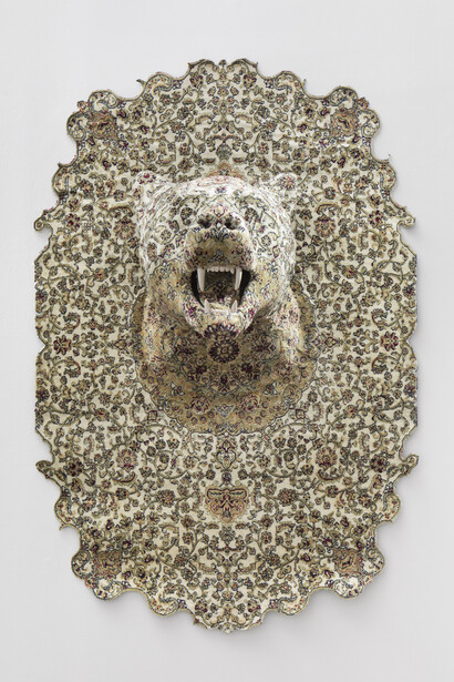 Debbie Lawson, Bear Cartouche, Carpet and mixed media, 57⅛ x 38¼ x 19¾ in. Courtesy of the artist and Sargent's Daughters Gallery