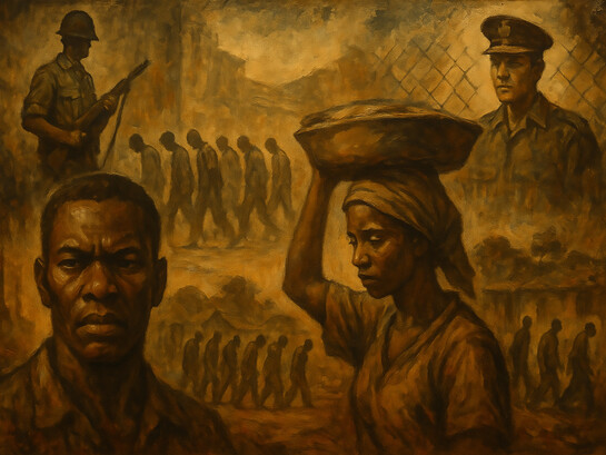 An evocative painting capturing the harsh realities of apartheid, depicting a Black man in solemn reflection, laborers under duress, and figures of authority, all woven together in a powerful portrayal of struggle and oppression
