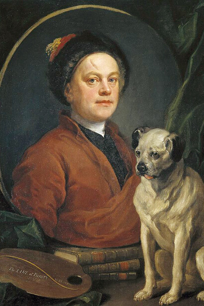 The Painter and his Pug (Self-portrait) by William Hogarth, created in 1745, features the artist with his pug dog, capturing a personal moment in an oil painting