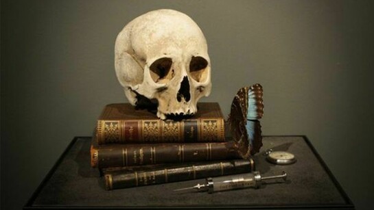 Dr.Viktor Schroeder, Memento Mori with 17th Century skull, 2013, 17th Century human skull, 19th Century books, antique pocket watch, Victorian syringe and blue butterfly, 35 x 44 x 32 cm