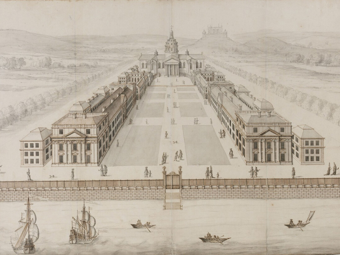 Leonard Knyff, Perspective presentation drawing of a design for an enlarged hospital with a central domed hall and chapel range, Datable to 1695, Pen and ink, 475 x 696mm