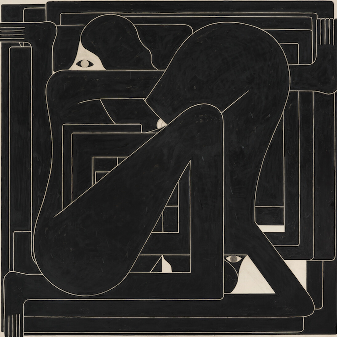 RICHARD COLMAN, , BLACK SQUARE (TWO FIGURES), 2016 , CHARCOAL, ACRYLIC AND GRAPHITE ON CANVAS , (IN OAK WOOD FRAME) 
72 X 72 INCHES / 183 X 183 CM . Courtesy of V1 Gallery