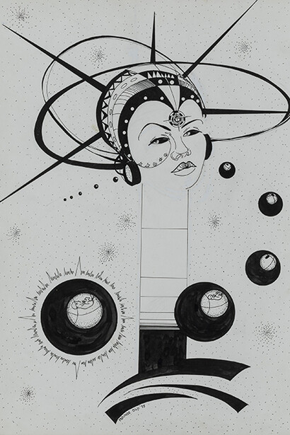 Yaoundé Olu, Mother of Worlds, 1975, Pen and ink on illustration board. Smart Museum of Art, The University of Chicago, Purchase, The Paul and Miriam Kirkley Fund for Acquisitions, 2018.1. 