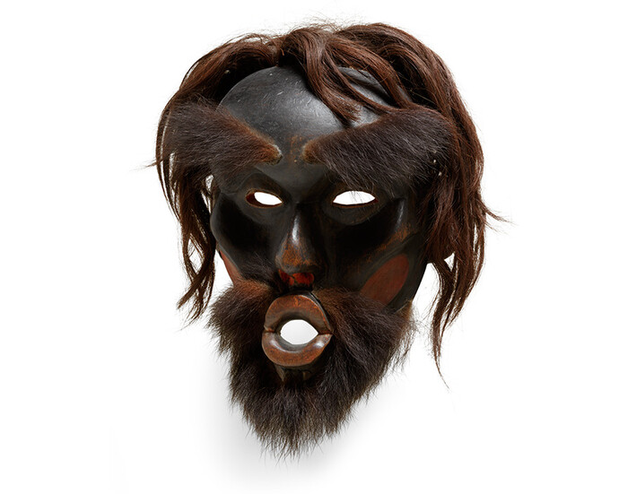 Dzunukwa Mask or Gikamhl (Chief’s Mask), Kwakwaka’wakw (Kwakiutl), British Columbia, ca. 1870. Wood (alder), pigment, human hair and bear hide, 11 x 7 5/8 x 5 3/4 inches without hair. From the Estelle and Morton Sosland Collection, 2009.41.1.