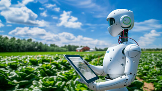 Robot working in the fields under a clear blue sky, enhancing agricultural efficiency and precision with advanced AI technology