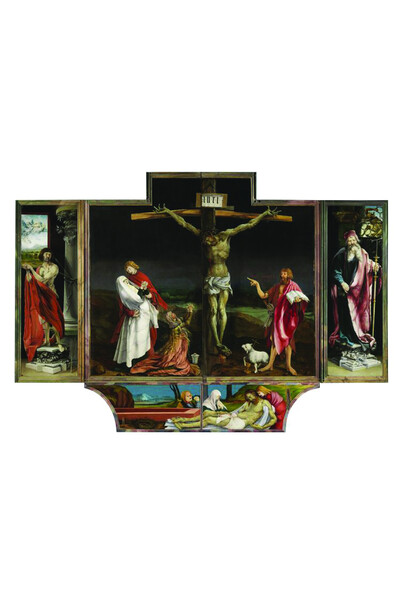 Polittico di Isenheim, 1490‐1516, Musee d’Unterlinden, Colmar: opere di Mathis Grünewald. Prima Configurazione (da sinistra a destra) San Sebastiano, Crocifissione, Sant’Antonio Abate e (predella) Compianto‐Deposizione. Ph. Jean‐Marie Savarit
