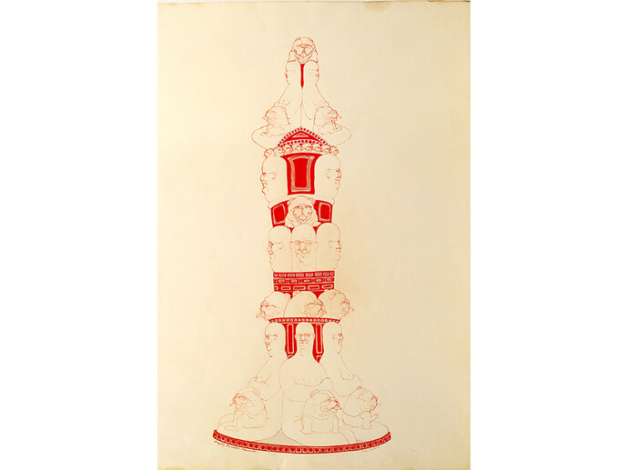 May Stevens, Fireplug Fountain Monument, Gouache and ink on paper, 40 1/4 x 28 3/4 in