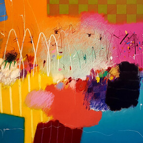 Joyful, 2017. Moe Brooker. Oil and mixed media on canvas, 48 x 60 inches. Courtesy of the artist.