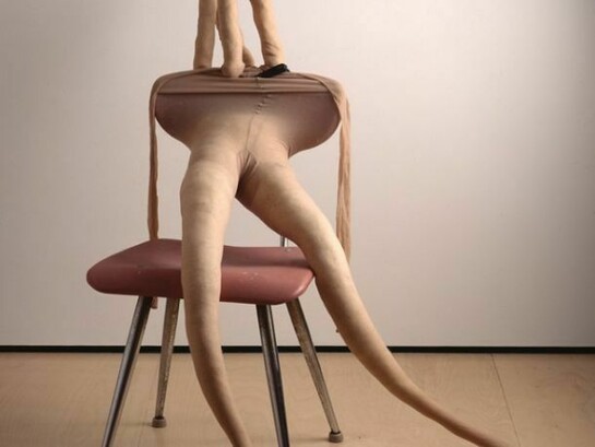 Sarah Lucas, Bunny Gets Snookered #1,1997,
Tan tights, plastic and chrome chair, steel clamp, kapok stuffing, wire, 106 x 82 x 81.5 cm, Copyright the artist, courtesy Sadie Coles HQ, London