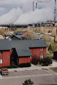 View from First Baptist Church of Colstrip: company houses and power plant, 1984, © David T. Hanson, from Colstrip, Montana (Taverner Press, 2010)

