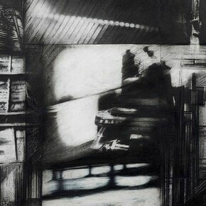 Untitled, 2013, Image transfer, Sumi ink, compressed charcoal, and collage on paper, 14 x 17 inches, Framed: 18 5/8 x 21 3/4 inches