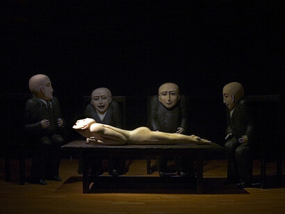 Ana Maria Pacheco, The Banquet, 1985 Sculpture, polychromed wood, 183 x 400 x 250 cm, on exhibition at The Gallery, Norwich University of the Arts