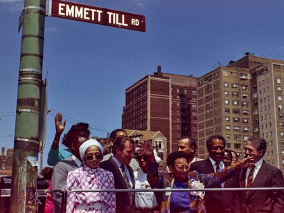 Civil Rights icon Rosa Parks at the street dedication ceremony for the stretch of 71st Street that was honorarily named Emmett Till Road, July 26, 1991. Courtesy of Chicago History Museum