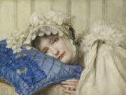Anna Alma-Tadema (1867–1943), Girl in a Bonnet with her Head on a Blue Pillow, 1902, Watercolour on paper, 36.6 x 26.4 cm © Ashmolean Museum, University of Oxford