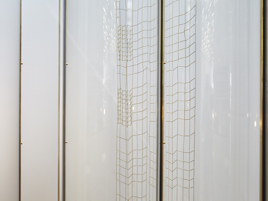 Installation view of Leonor Antunes: I Stand Like A Mirror Before You