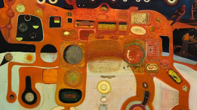Sharon Horvath, Horse of Orange (detail), 2019. Pigment polymer, collage on paper mounted on canvas, 45 x 58 inches. Courtesy of Bookstein Projects