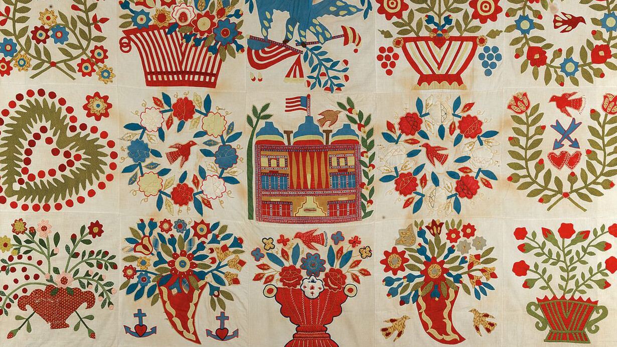 Unknown artist, Baltimore-style album quilt (detail), 1845-1850. Courtesy of Crystal Bridges Museum