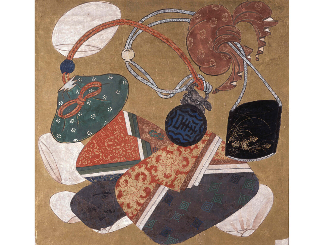 ‘Sagemono and dress accessories’, from a set of ten paintings in album leaf (originally made as ceiling panels). Artist unknown, ink and colour on gold-leafed paper, about 1624-1644 © The Trustees of the British Museum