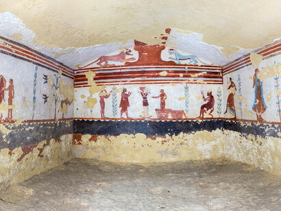 Tomba dei Giocolieri, Foto sferica, dettaglio, Tarquinia, 2015, ©Soprintendenza Archeologica del Lazio e dell’Etruria Meridionale, elaborazione di Andrea Garzulino