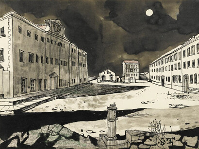 John Minton, Deserted Garrison, pen and ink, ink wash, charcoal and coloured chalks, 1947 © Royal College of Art