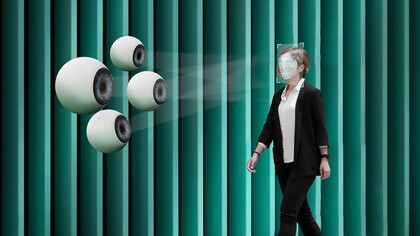 A woman walking beside an AI-powered surveillance camera, emphasizing themes of security, privacy, and biometric technology