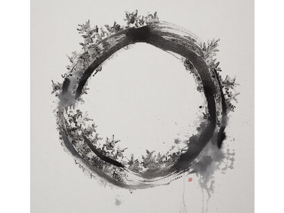 Hayaki Nishigaki, Circle painted 8, 2023, 910×910mm, wood board, washi, sumi. Courtesy the artist and Ronin Gallery

 