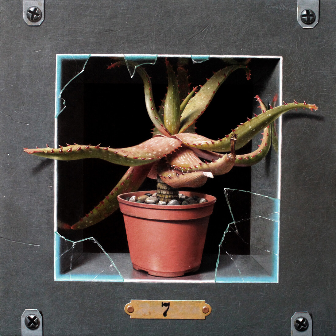 Russell Harris, Outbreak, Oil on linen on wood, 11.75 x 11.75 inches, 2014