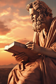 A statue of an ancient Greek philosopher, depicted as a deity, holding a book to symbolize wisdom and knowledge