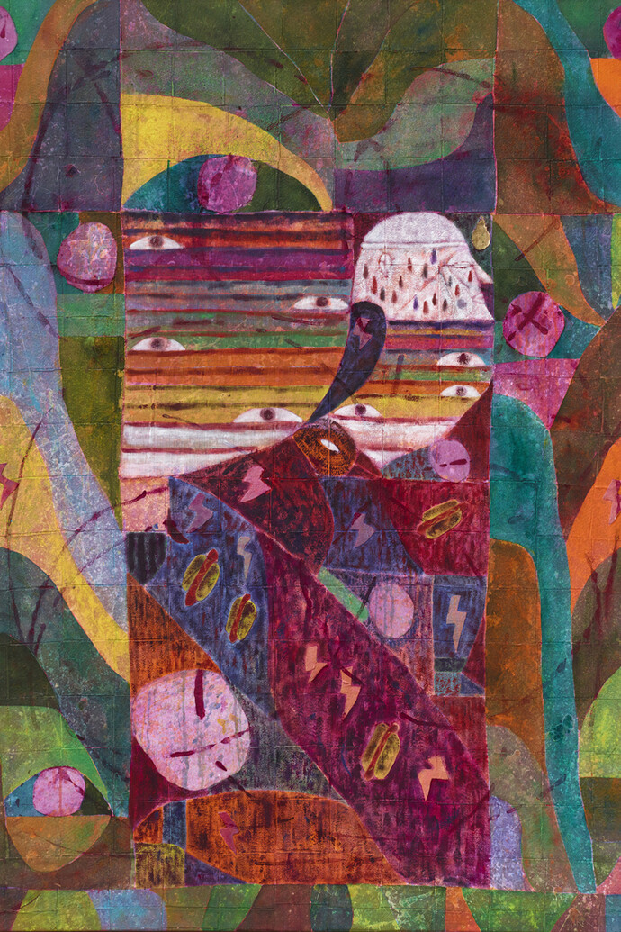 Alexander Tovborg, Prometheus I, 2015, Acrylic, gold leaf and fabric collage on canvas, 170 x 130 cm, Courtesy of the artist