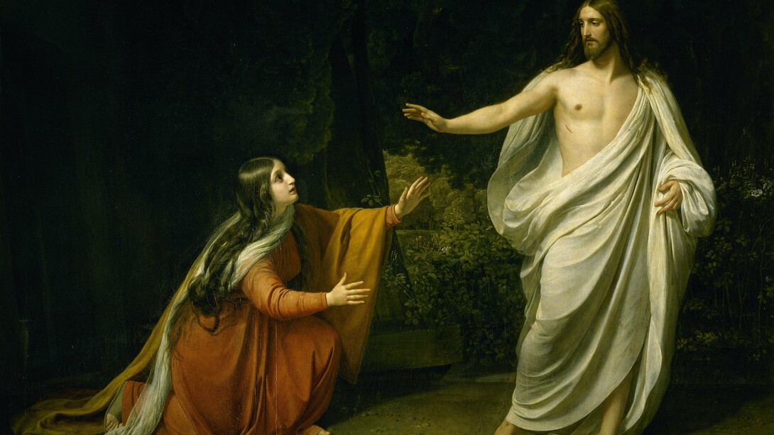 Jesus ressuscitado aparece diante de Maria Madalena em um jardim, enquanto ela, ajoelhada, estende as mãos em sua direção, num gesto de reconhecimento e anseio por se aproximar. A cena representa o encontro entre a testemunha da ressurreição e o Cristo, evocando a dimensão espiritual do amor e a busca pela presença divina