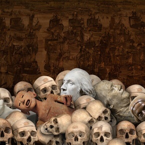 Ken Gonzales-Day, Afterlife (Digital composition with Mexico, Effigy of Death, National Museum of Anthropology (MNA), Mexico City; Leonard Wells Volk, Abraham Lincoln, Smithsonian National Portrait Gallery (NGP); Mexico, Aztec, Figure of Xipe Totec, LACMA; Jean-Antoine Houdon, George Washington, NPG;  Houdon, Benjamin Franklin, NPG; Adelaide Johnson, Susan B. Anthony, NPG; Mexico,Scull Mask, MNA; Jean-Antoine Houdon, Flayed Man; Sculls, Museum of Criminal Anthropology, Turin; Rosenborg Tapestries, Rosenborg Castle, Copenhagen), 2025. Courtesy of Luis De Jesus Gallery