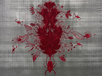 Angelo FIlomeno, Amulet (Silver Akrep), 2011, ricamo e cristalli su seta applicata su lino, cm 198x99. Courtesy of Galleria Giovanni Bonelli 