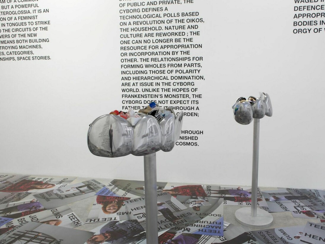 LiliReynaud-Dewar-TEETH, GUMS, MACHINES,FUTURE, SOCIETY (trash cans),2016Aluminium. 110 x 25 x 71 cm-Vue de l’exposition / View of the exhibition «Dents, gencives, machines, futur, société», kamelmennour (6rueduPontdeLodi), Paris, 2016© LiliReynaud-DewarPhoto. JulieJoubert & archives kamelmennourCourtesy the artist and kamelmennour, Paris/London