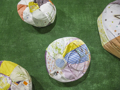 Tameka Norris, Conception series, each recycled filler, found fabric, bedsheets, tablecloth, acrylic paint, sequins and mixed media. Courtesy Emerson Dorsch. Photo by Monica McGivern