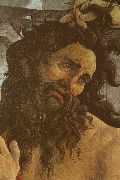 Dettaglio del viso del centauro del quadro 'Pallade e il Centauro' di Sandro Botticelli, 1482, Galleria degli Uffizi, Firenze, Italia