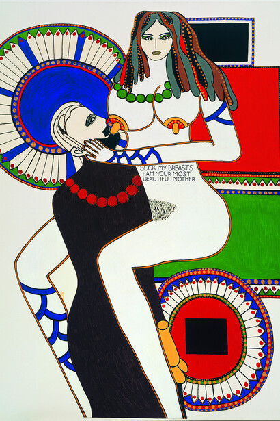 Dorothy Iannone, Suck my breast I am your most beautiful mother, 1970-1971, collage, colore acrilico su tela, 190 x 150 cm.  
Collezione privata, Milano  
