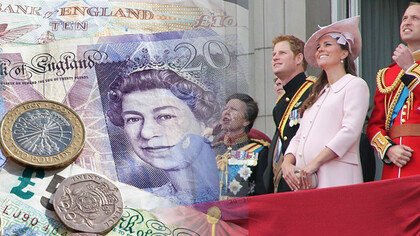 The royal family watch the royal fly past, Trooping the Colour, June 2013, and british pound