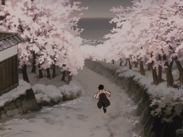 Chiyoko racing down a blossom-lined path in Millennium Actress (2001), reflecting the lifelong journey where reality and performance become inseparable