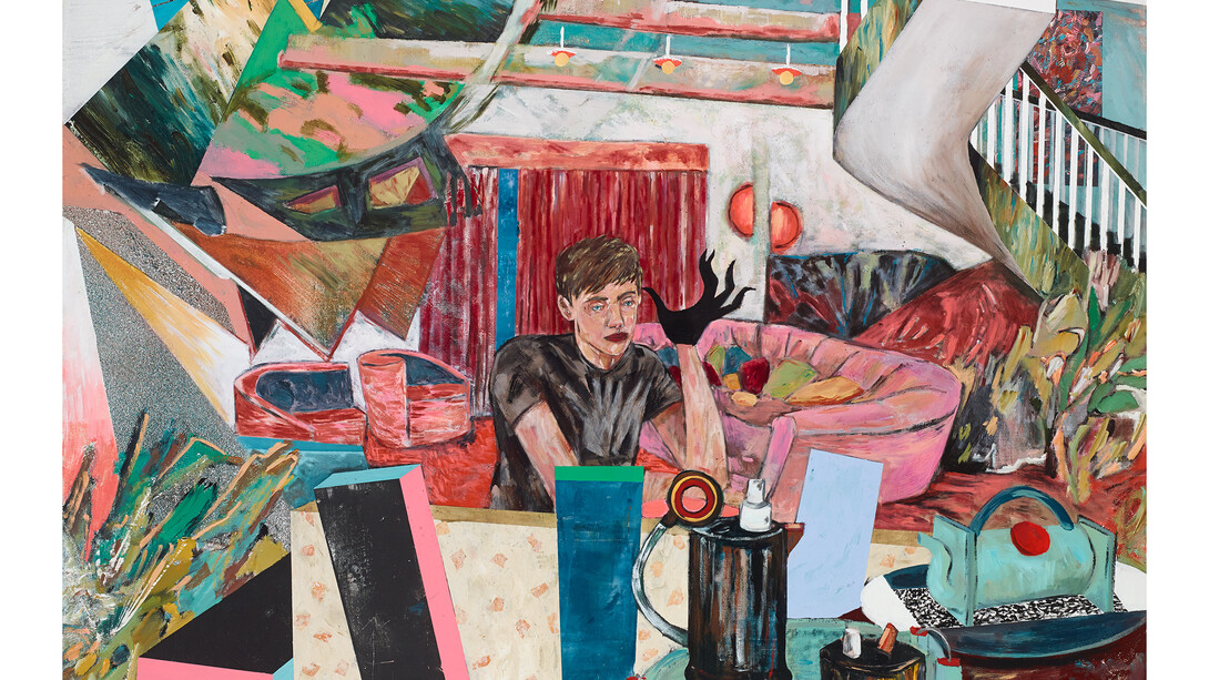 Hernan Bas, Memphis Living (tea glove, after General Idea), 2014, acrylic and spray paint on linen, 152.4 x 182.9 cm, 60 x 72 in, Courtesy the Artist and Victoria Miro, London, © Hernan Bas